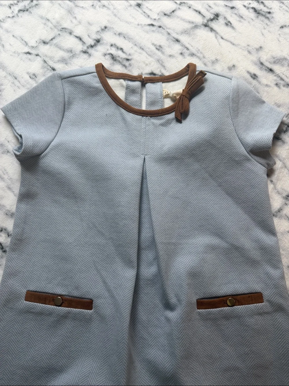 Hope & Henry Little Girls Light Blue Ponte A-Line Dress with Brown Trim Size 6.